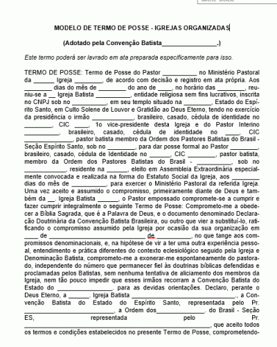 Modelo de Termo de Posse de Pastor de Igreja - Convenção Batista - Igrejas Organizadas