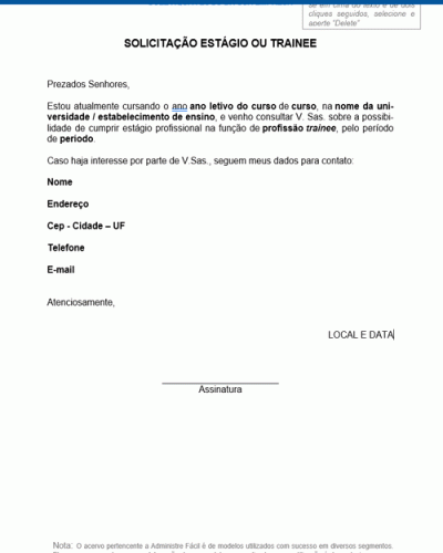 Modelo de Carta de Solicitação de Estágio ou Trainee