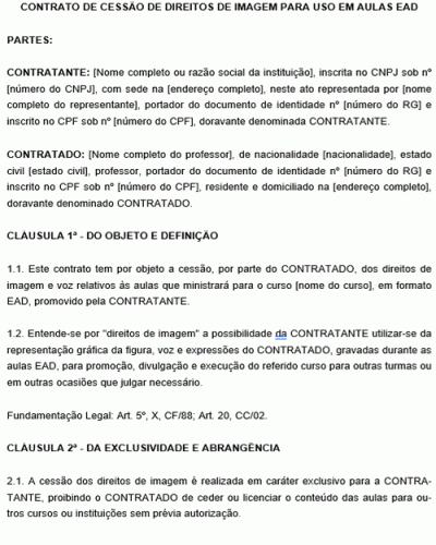 Modelo de Contrato de cessão de Direitos de Imagem para uso em Aulas EAD