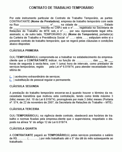 Modelo de Contrato de Trabalho Temporário - Trabalhador Regime Emprego Temporário - Modelo 1