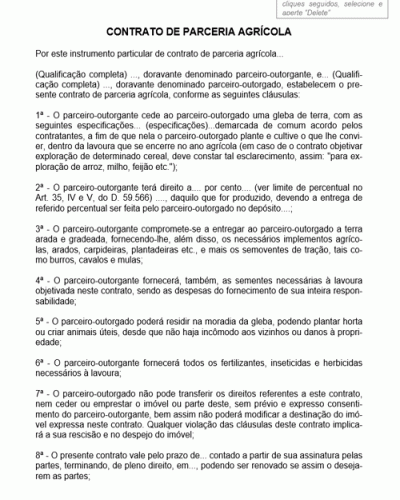 Modelo de Contrato de Parceria Agrícola em que o Parceiro Outorgado fica com a Possibilidade de Residir no Imóvel