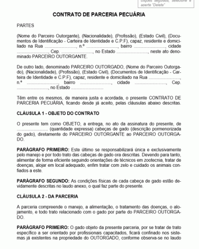 Modelo de Contrato de Parceria Pecuária em que o Parceiro Outorgado se Responsabiliza pelo Trato e Manejo de Cabeças de Gado