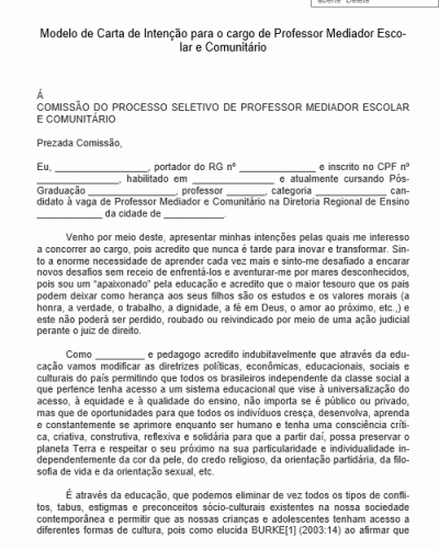 Modelo de Carta de Intenção para o cargo de Professor Mediador Escolar e Comunitário