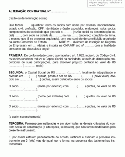 Modelo de Contrato de Alteração Diminuição de Capital para Absorção de Prejuízos