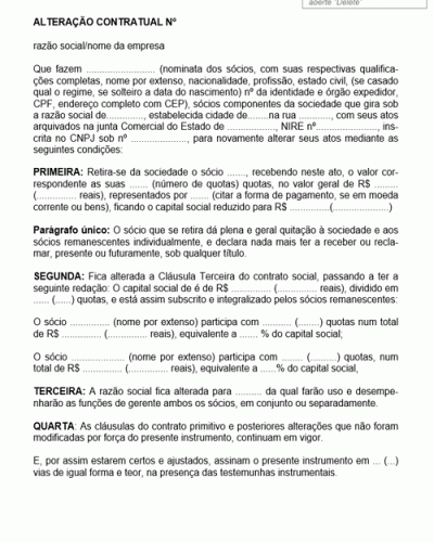 Modelo de Contrato de Alteração Diminuição de Capital por Saída de Sócio Modificação da Razão Social