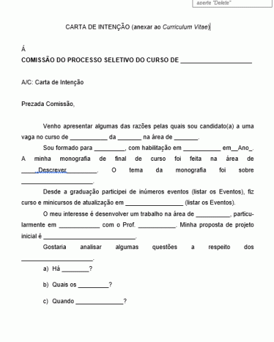 Modelo de Carta de Intenção de Estudos - Preenchido e Fácil