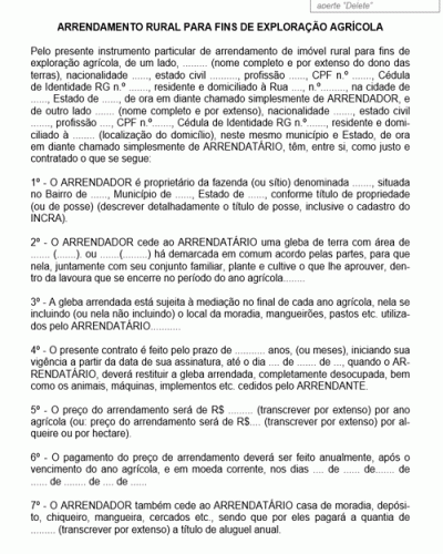 Modelo de Contrato de Arrendamento Exploração Agrícola