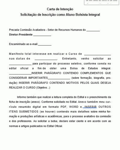 Modelo de Carta de Intenção de Bolsa de Estudos - Solicitação de Inscrição como Aluno Bolsista Integral