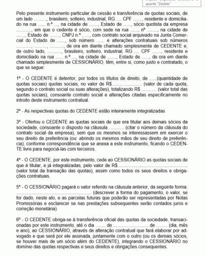 Modelo de Contrato de Cessão Cotas de Sociedade com Prazo