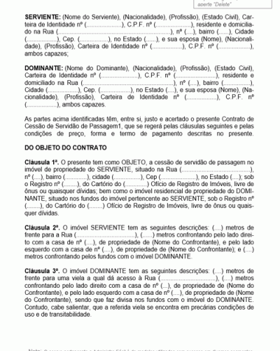 Modelo de Contrato de Cessão de Servidão de Passagem no Imóvel de Propriedade do Erviente