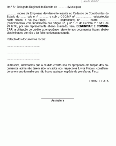 Modelo de Contrato de Comunicação de Créditos Extemporâneos