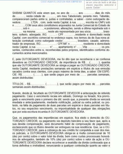 Modelo de Contrato de Confissão de Dívida Oriunda de Transação Comercial e Instituição de Especial Penhor Mercantil