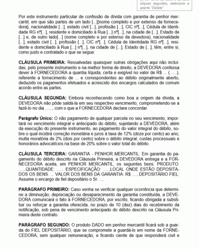 Modelo de Contrato de Garantia de Penhor Mercantil