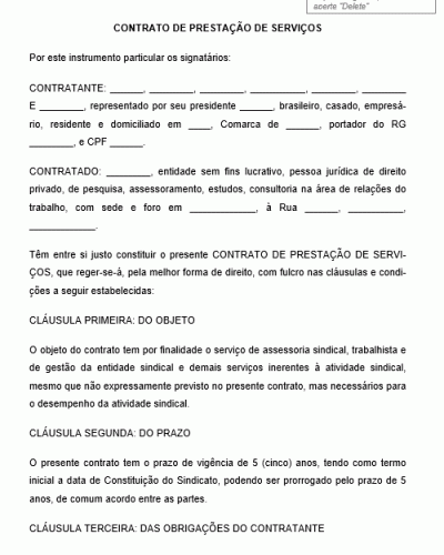 Modelo de Contrato de Prestação de Serviço - Assessoria Sindical - Trabalhista