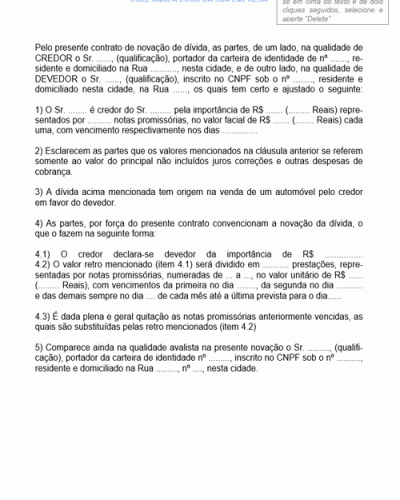 Modelo de Contrato de Novação de Dívida Decorrente da Compra de Automóvel