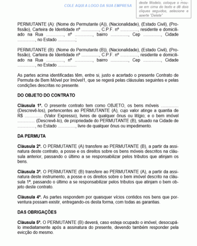 Modelo de Contrato de Permuta de Bens Móveis e Imóveis