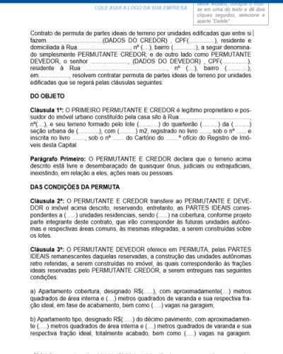 Modelo de Contrato de Permuta de Partes Ideais de Terreno por Unidades Especificadas com Confissão de Dívida