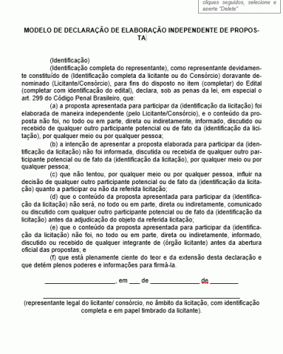 Modelo de Declaração de Elaboração Independente de Proposta