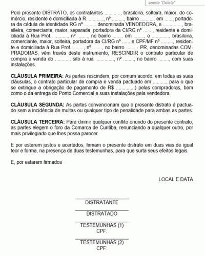 Modelo de Termo de Rescisão de Compra e Venda de Ponto Comercial de Restaurante