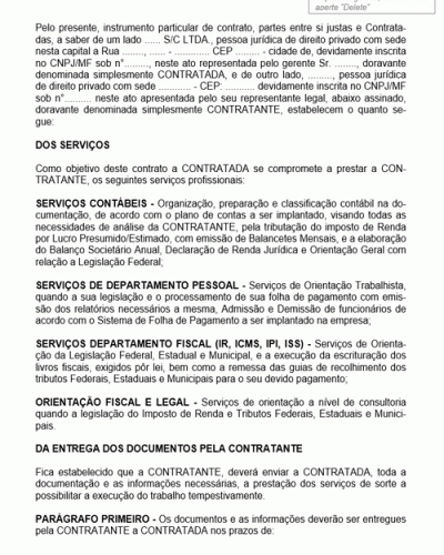 Modelo de Contrato de Serviços Contábeis de Departamento Pessoal e Fiscal