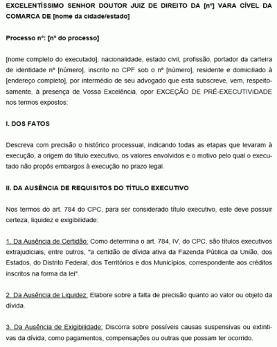 Modelo de Petição de Exceção de Pré Executividade devido a vícios no título após perda do prazo para Embargos à Execução