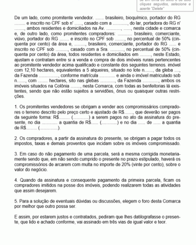 Modelo de Contrato de Compra e Venda Áreas Percentuais de Imóveis Rurais