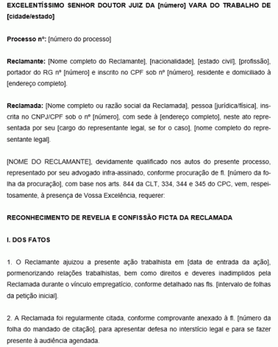 Modelo de Petição de Reconhecimento de Revelia e Confissão Ficta da Reclamada