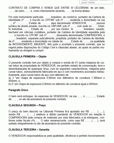 Modelo de Contrato de Compra e Venda de Máquina Industrial