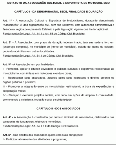 Modelo de Estatuto da Associação cultural e esportista de Motociclismo