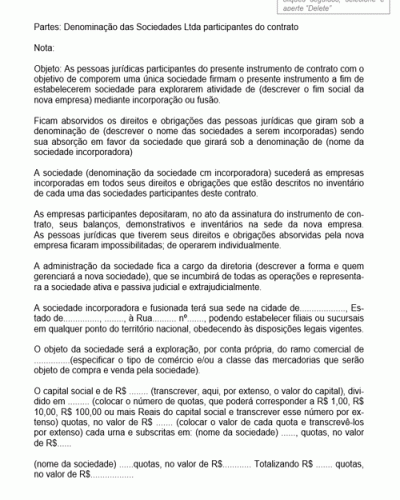 Modelo de Contrato de Sociedade Empresária Através de Incorporação e Fusão de Empresas