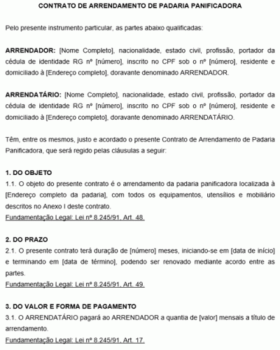 Modelo de Contrato de Arrendamento de Padaria Panificadora