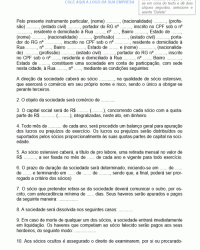 Modelo de Contrato de Sociedade Empresária em conta de participação por Prazo Determinado