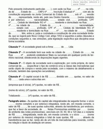 Modelo de Contrato de Sociedade Empresária com Capital Integralizado em Dinheiro Bens e Obrigações