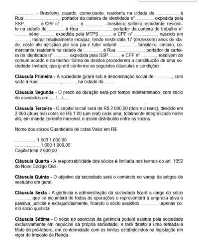 Modelo de Contrato de Sociedade Empresária Cuja Atividade é o Comércio Varejista de Vestuário Tendo em seu Quadro Societário uma Pessoa Menor de Idade