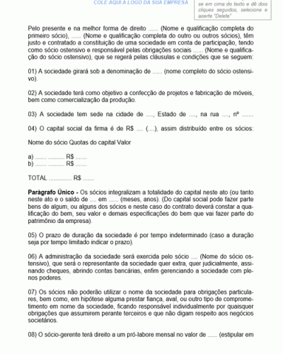 Modelo de Contrato de Sociedade Empresária Cujo Objeto Constitui na Confecção de Fabricação e Comércio de Móveis