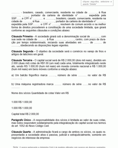 Modelo de Contrato de Sociedade Empresária Cujo Objeto é o Comércio Varejista de Lacticínios e Frios