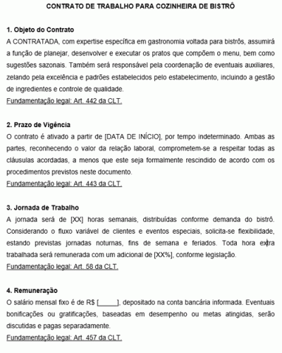 Modelo de Contrato de Trabalho de Cozinheira de Bistrô