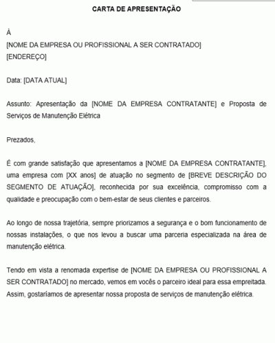 Modelo de Carta de Apresentação e Proposta comercial de Manutenção Elétrica para lojas