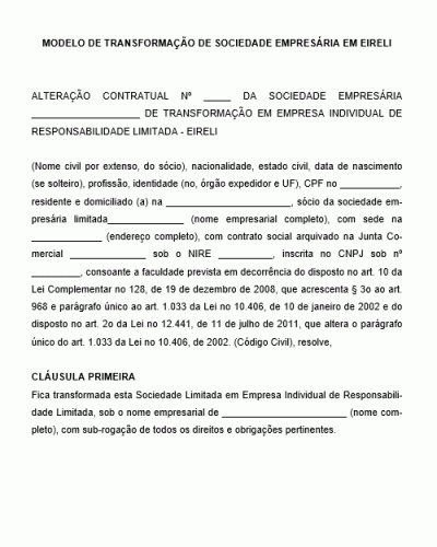 Modelo de Transformação de Sociedade Empresarial em EIRELI