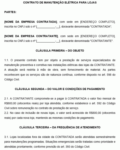 Modelo de Contrato de Prestação de Serviços de Manutenção Elétrica para Lojas