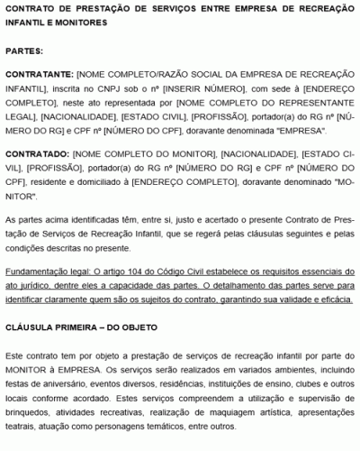 Modelo de Contrato de prestação de serviços entre Empresa de Recreação infantil e Monitores