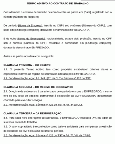 Modelo de Termo Aditivo ao Contrato de Trabalho para Serviços de Sobreaviso