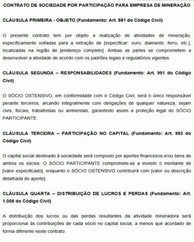 Modelo de Contrato de sociedade por participação para empresa de mineração