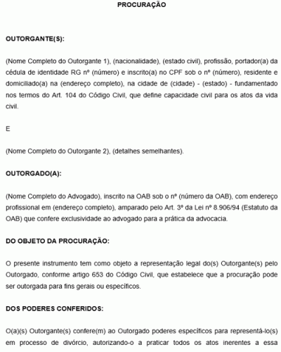 Modelo de Procuração para Representação em processo de Divórcio Modelo mais completo