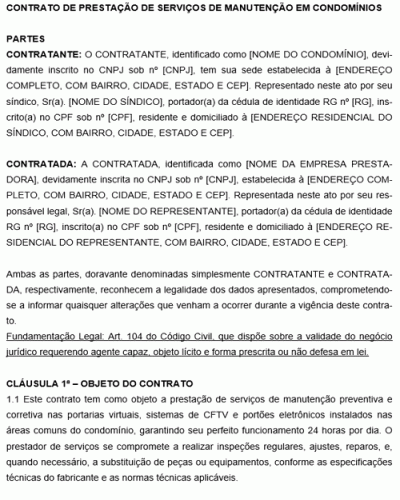 Modelo de Contrato de prestação de serviços de manutenção em condomínios portarias virtuais, CFTV e portões eletrônicos