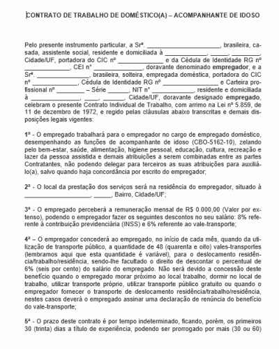 Modelo de Contrato de Trabalho de Empregado Doméstico ou Doméstica para Acompanhante de Idoso