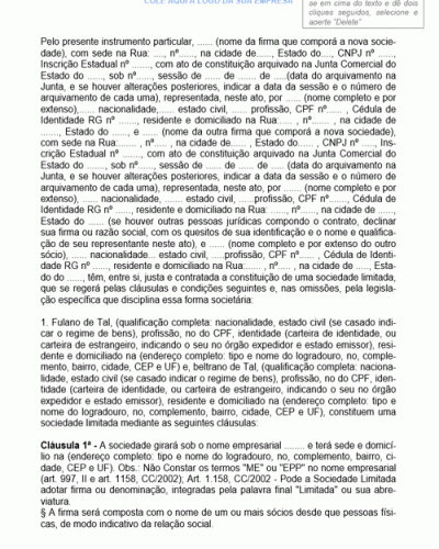 Modelo de Contrato de Sociedade Empresária Formada entre duas Pessoas Jurídicas e uma Pessoa Física e Capital em Dinheiro e Direitos