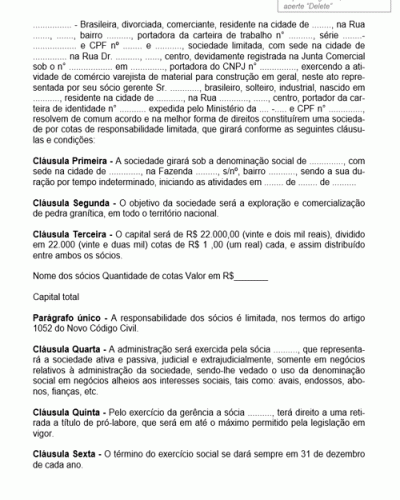 Modelo de Contrato de Sociedade Empresária tendo em seu Quadro Societário uma Pessoa Jurídica