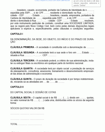 Modelo de Contrato de Sociedade Limitada Cujo Objeto Constitui-se na Prestação de Serviços de Planejamento