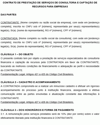 Modelo de Contrato de Prestação de Serviços de Consultoria e Captação de Recursos para empresas